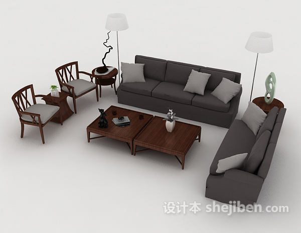 免费新中式灰色组合沙发3d模型下载
