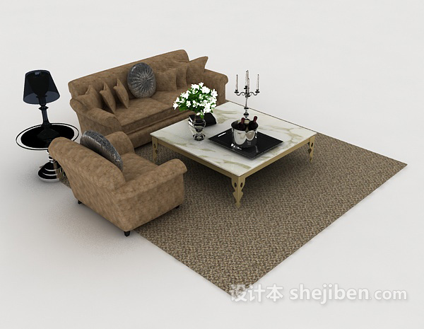 现代棕色木质组合沙发