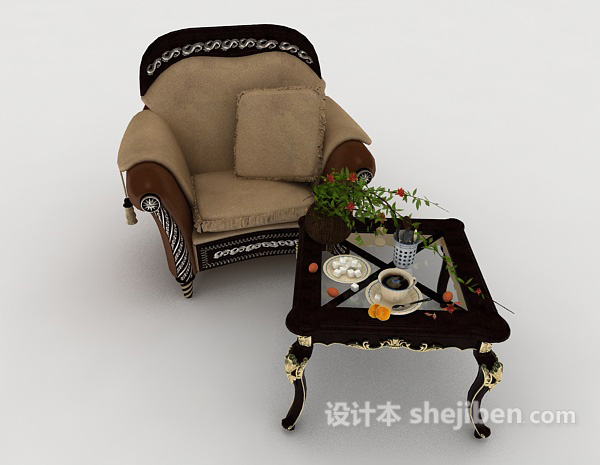 欧式风格欧式复古家居棕色单人沙发3d模型下载
