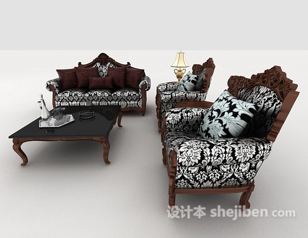 设计本欧式复古花纹组合沙发3d模型下载