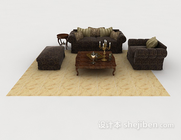 欧式风格欧式深棕色花纹组合沙发3d模型下载