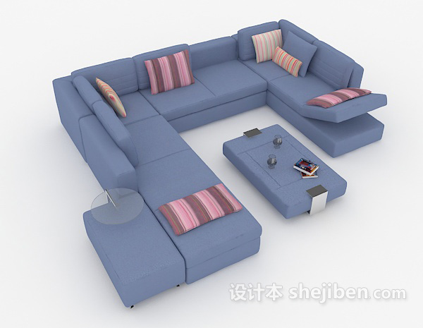 免费现代简约蓝色多人沙发3d模型下载