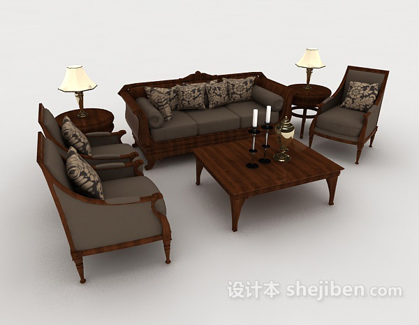 免费新中式棕色家居组合沙发3d模型下载