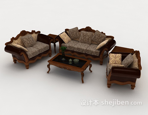 免费欧式家居棕色花纹组合沙发3d模型下载