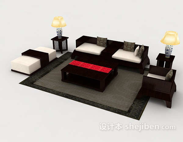 免费新中式实木型组合沙发3d模型下载