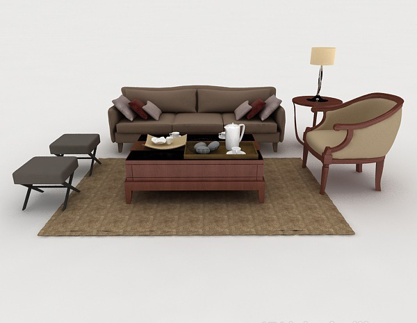 现代风格家居木质休闲棕色组合沙发3d模型下载