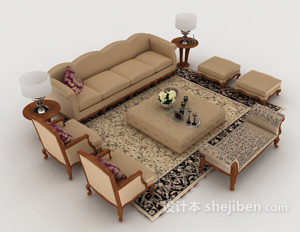 欧式复古木质沙发3d模型下载