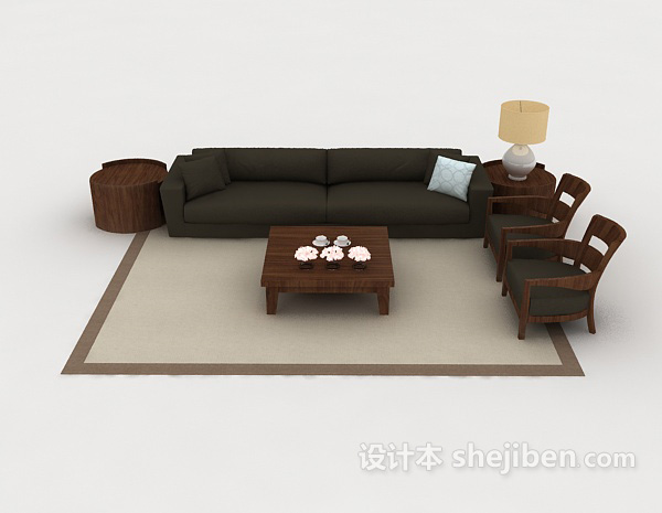 现代风格木质简单深灰色组合沙发3d模型下载