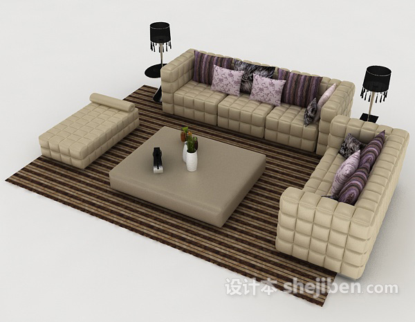 免费家居菱格浅棕色组合沙发3d模型下载