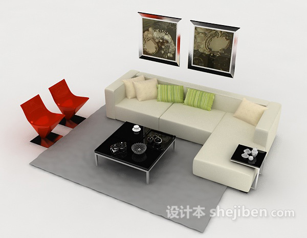 现代风格现代简约白色多人沙发3d模型下载