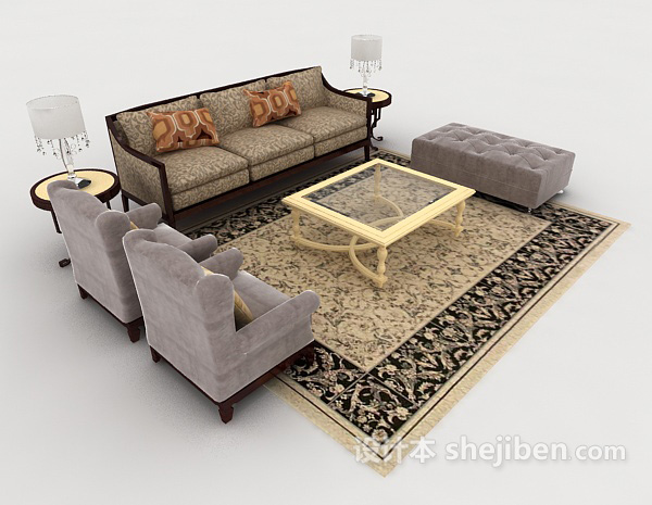免费欧式家居复古木质组合沙发3d模型下载