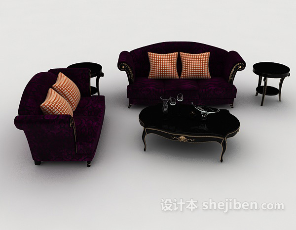 欧式风格欧式深紫色组合沙发3d模型下载