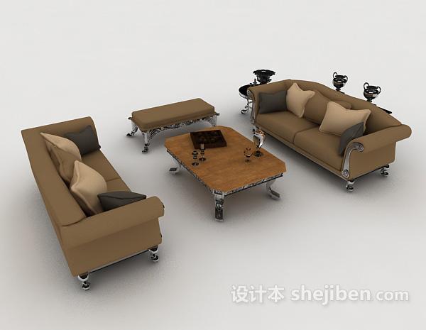 家居欧式棕色组合沙发3d模型下载