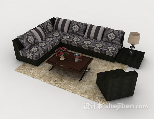 免费花纹黑色组合沙发3d模型下载
