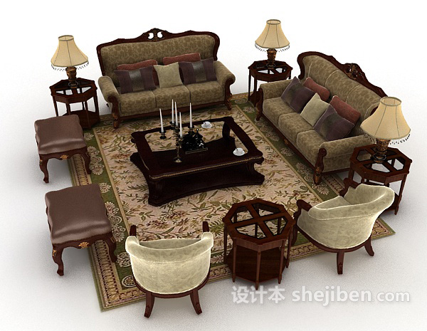 免费欧式复古棕色木质组合沙发3d模型下载