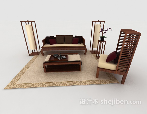 中式风格新中式家居木质棕色组合沙发3d模型下载