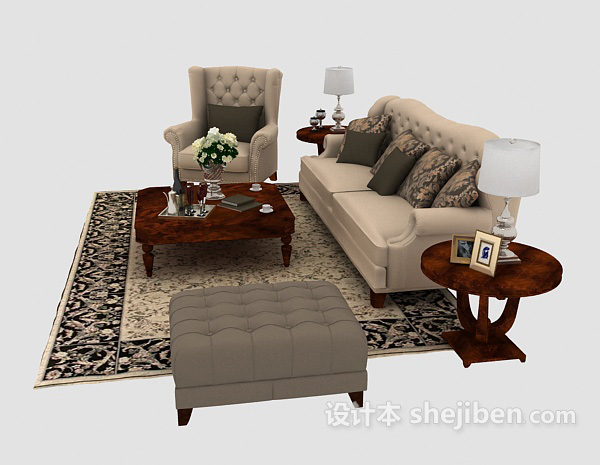 免费欧式家居木质浅棕色组合沙发3d模型下载