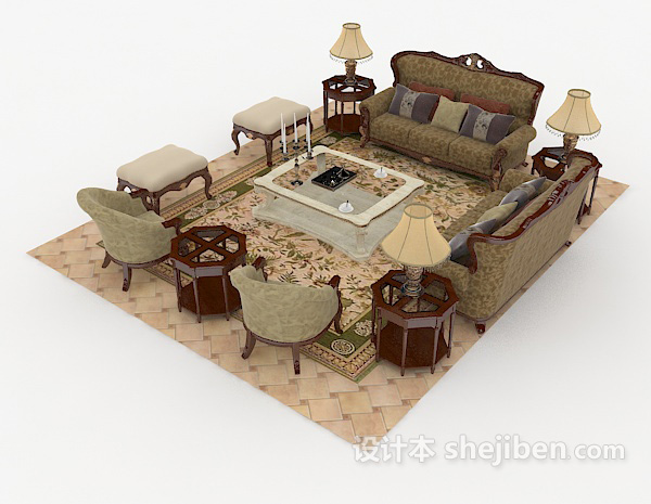 免费中式木质复古棕色组合沙发3d模型下载