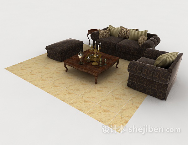 免费欧式深棕色花纹组合沙发3d模型下载