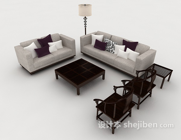 新中式家居简约灰色组合沙发3d模型下载