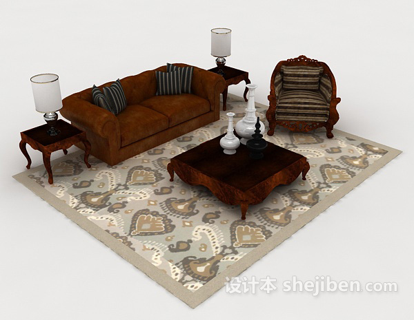 中式复古木质深棕色组合沙发3d模型下载