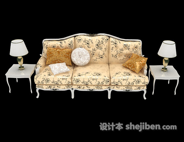 欧式风格欧式花纹黄色多人沙发3d模型下载
