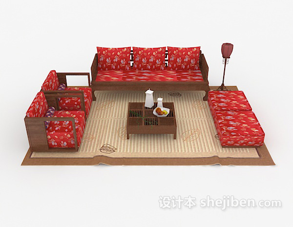 中式风格新中式红色喜庆组合沙发3d模型下载
