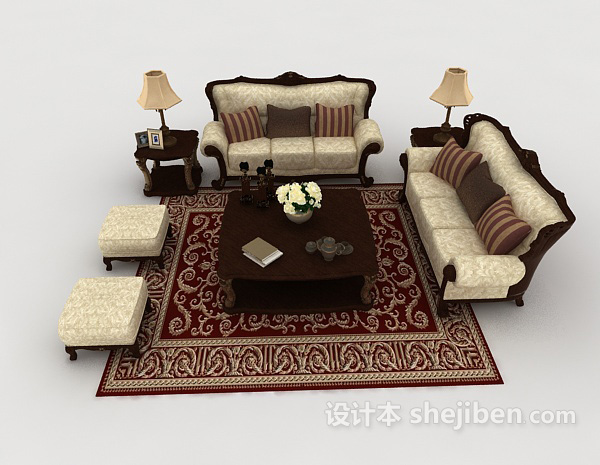欧式风格欧式复古家居棕色组合沙发3d模型下载
