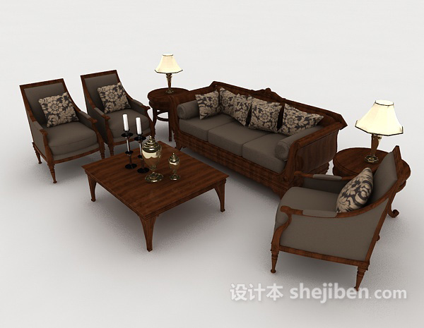 新中式棕色家居组合沙发3d模型下载