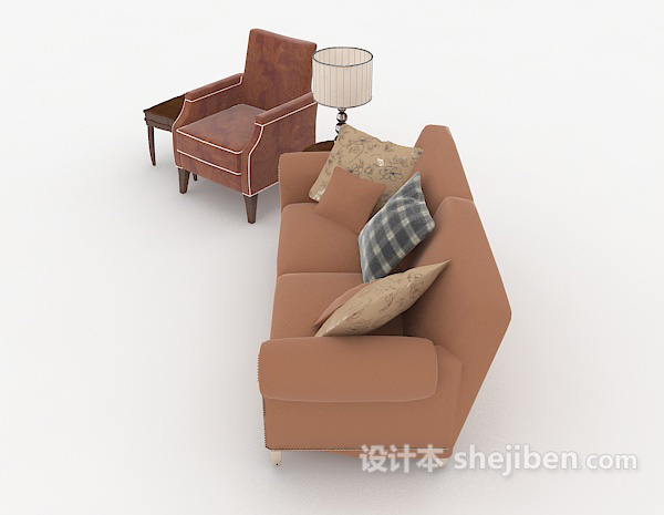 设计本家居棕色木质休闲组合沙发3d模型下载