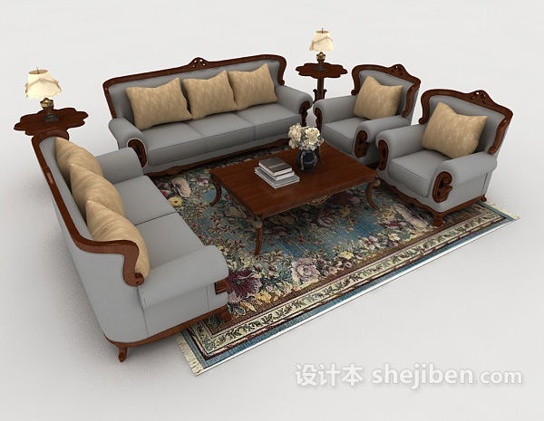 中式复古木质灰色组合沙发