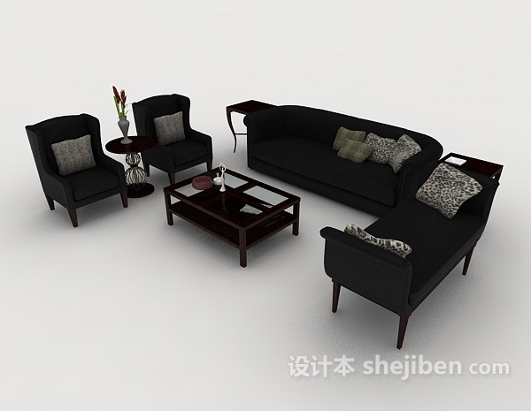 欧式简约黑色木质组合沙发
