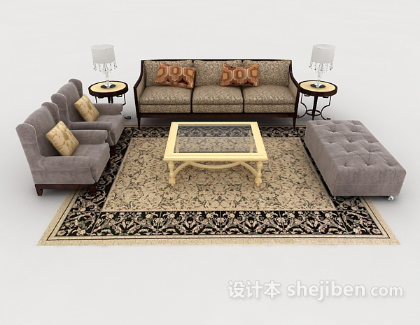 欧式风格欧式家居复古木质组合沙发3d模型下载