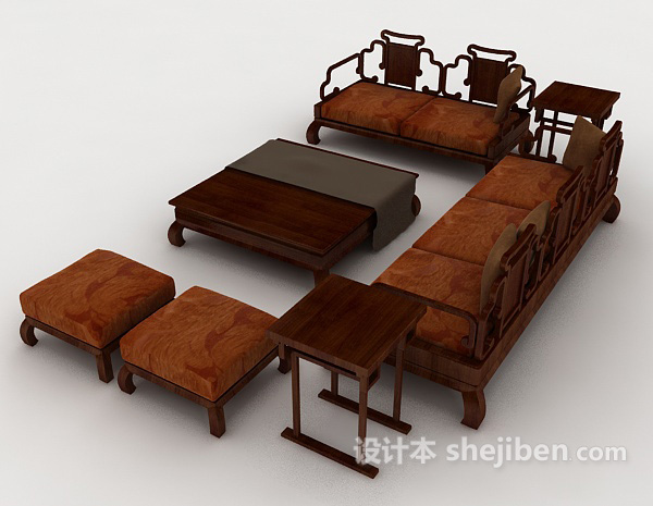 设计本中式棕色木质组合沙发3d模型下载
