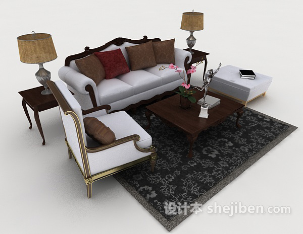 设计本欧式木质家居灰色组合沙发3d模型下载
