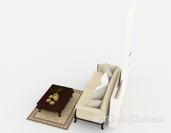 设计本欧式浅棕色木质双人沙发3d模型下载