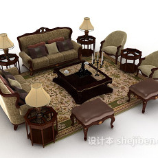 欧式复古棕色木质组合沙发3d模型下载