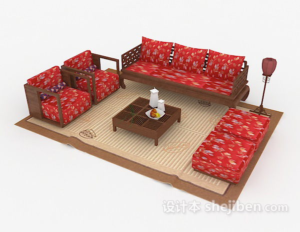 新中式红色喜庆组合沙发3d模型下载