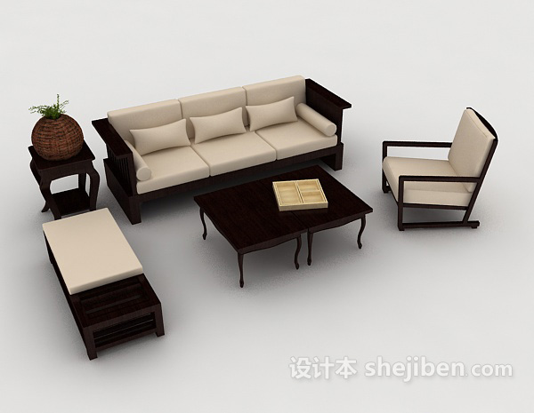 中式风格新中式简约木质组合沙发3d模型下载