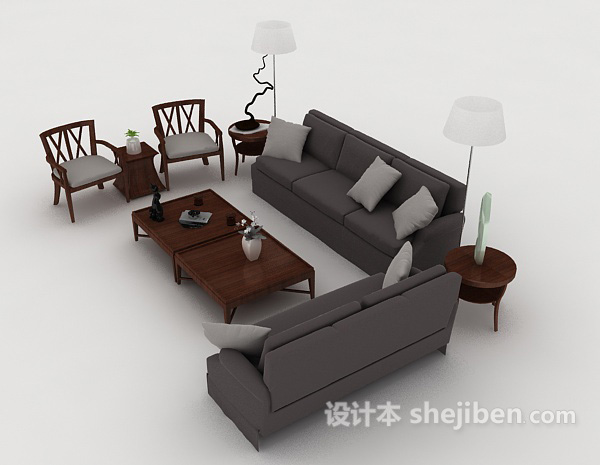 设计本新中式灰色组合沙发3d模型下载