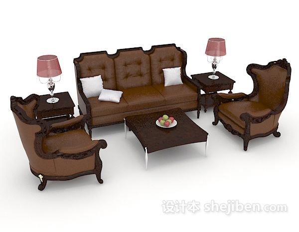 中式风格中式复古皮质组合沙发3d模型下载