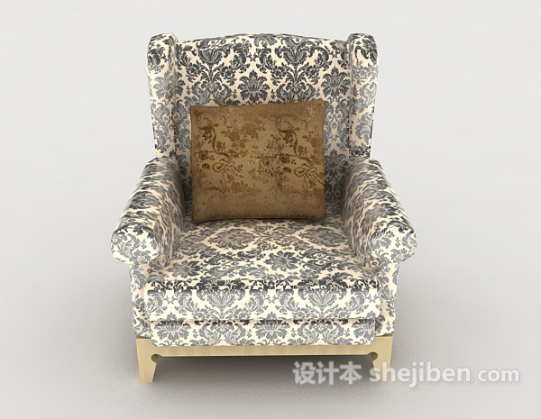 欧式风格田园蓝色花纹单人沙发3d模型下载