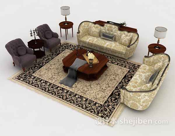 免费欧式家居黄色组合沙发3d模型下载