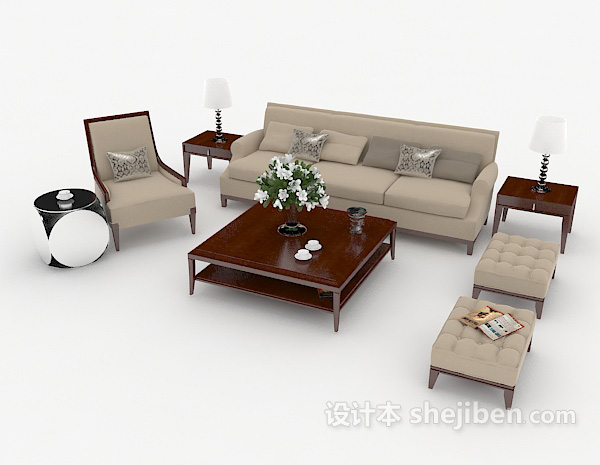 现代风格木质棕色家居组合沙发3d模型下载