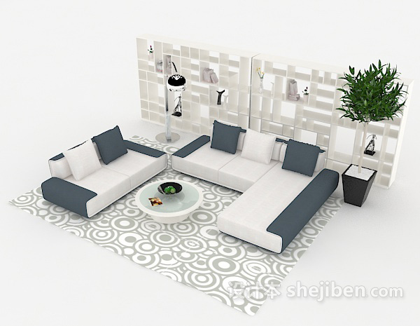 免费淡雅蓝白组合沙发3d模型下载