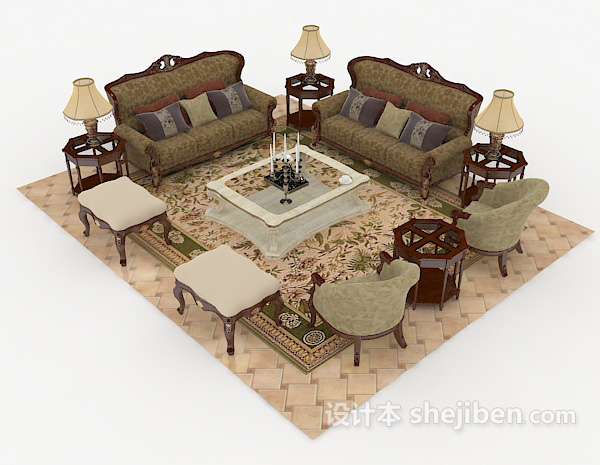 中式木质复古棕色组合沙发
