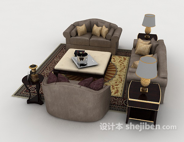 设计本欧式灰色家居木质组合沙发3d模型下载