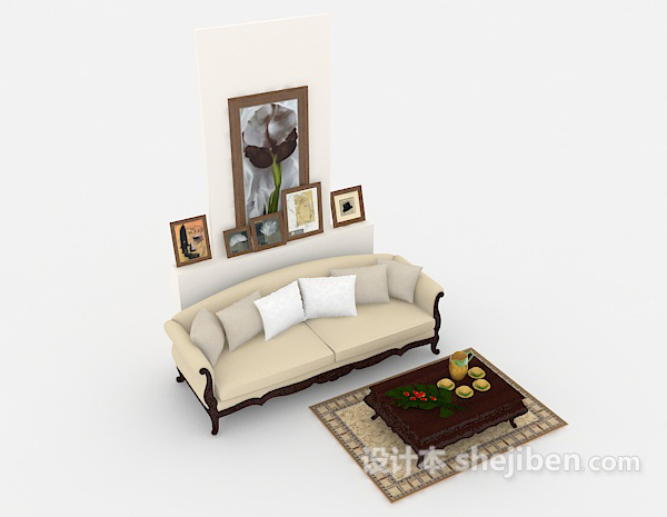 欧式浅棕色木质双人沙发3d模型下载