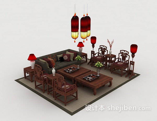 中式木质沙发3d模型下载