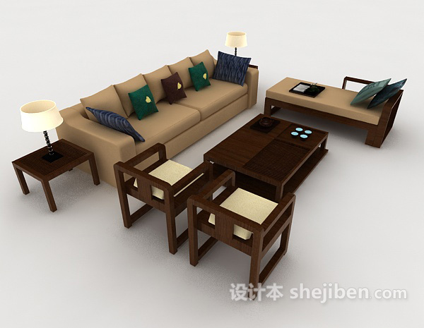 免费新中式简约棕色组合沙发3d模型下载